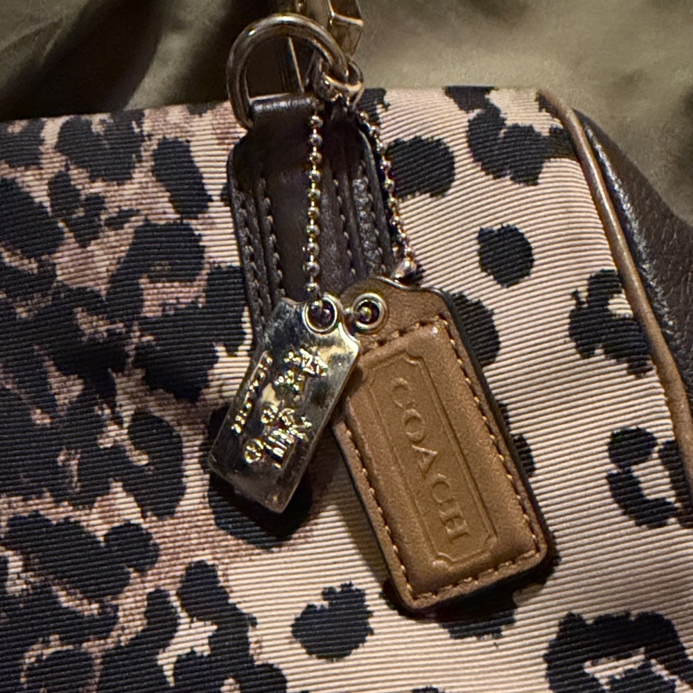 Coach Leopard-Print Canvas Shoulder Bag with Dark Brown Leather - Picture 8 of 11